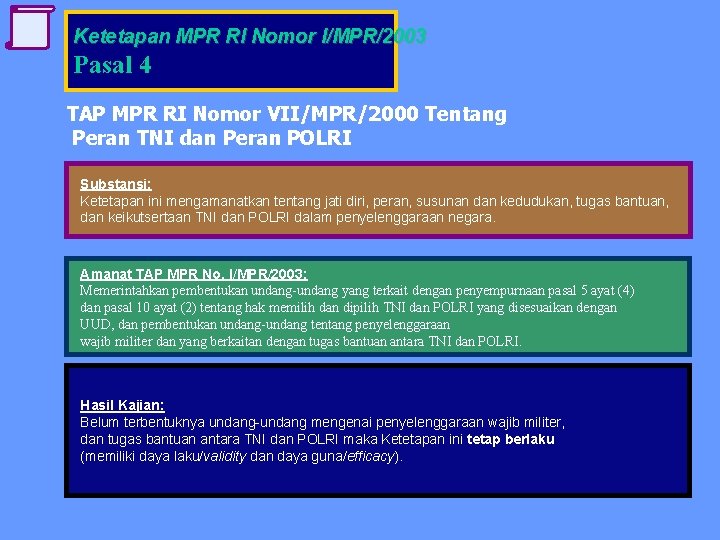 Ketetapan MPR RI Nomor I/MPR/2003 Pasal 4 TAP MPR RI Nomor VII/MPR/2000 Tentang Peran