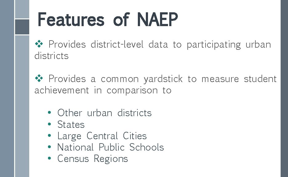 Features of NAEP v Provides district-level data to participating urban districts v Provides a