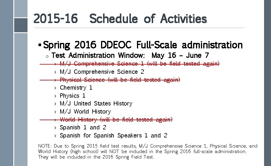 2015 -16 Schedule of Activities § Spring 2016 DDEOC Full-Scale administration o Test Administration