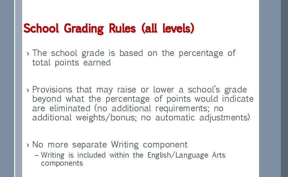 School Grading Rules (all levels) › The school grade is based on the percentage