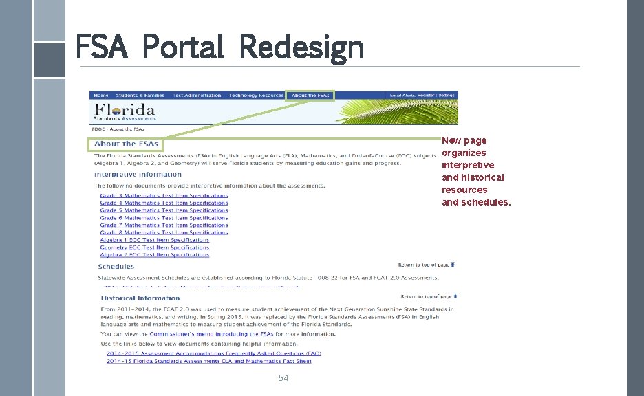 FSA Portal Redesign New page organizes interpretive and historical resources and schedules. 54 