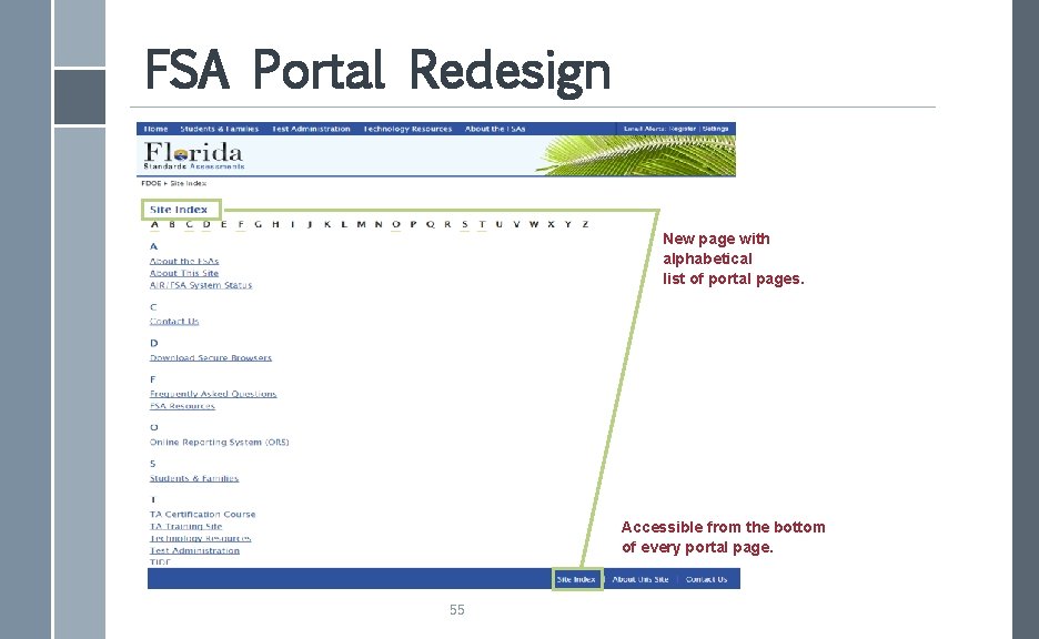 FSA Portal Redesign New page with alphabetical list of portal pages. Accessible from the