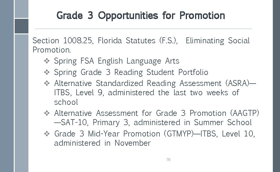 Grade 3 Opportunities for Promotion Section 1008. 25, Florida Statutes (F. S. ), Eliminating