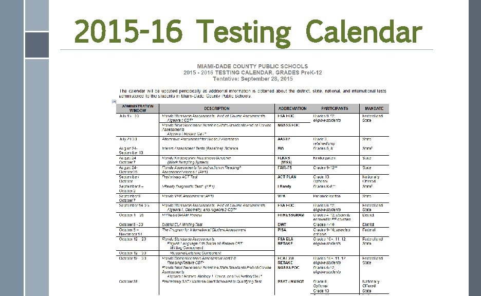 2015 -16 Testing Calendar 