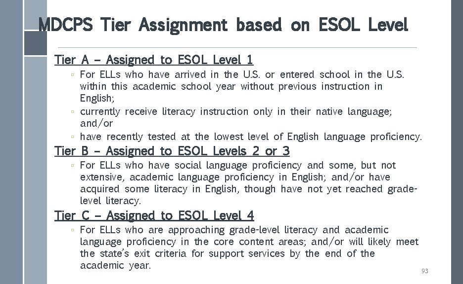 MDCPS Tier Assignment based on ESOL Level Tier A – Assigned to ESOL Level