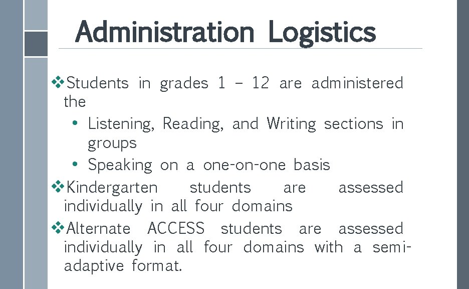 Administration Logistics v. Students in grades 1 – 12 are administered the • Listening,