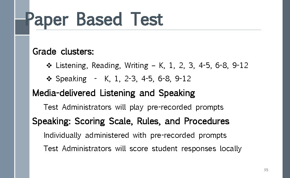 Paper Based Test Grade clusters: v Listening, Reading, Writing – K, 1, 2, 3,
