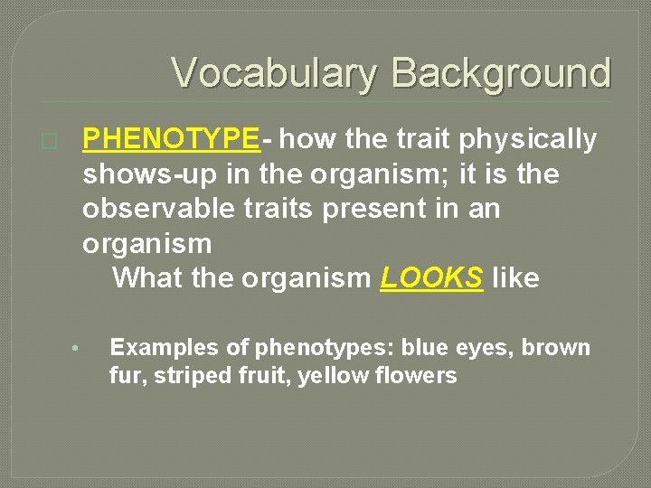 Vocabulary Background PHENOTYPE- how the trait physically shows-up in the organism; it is the
