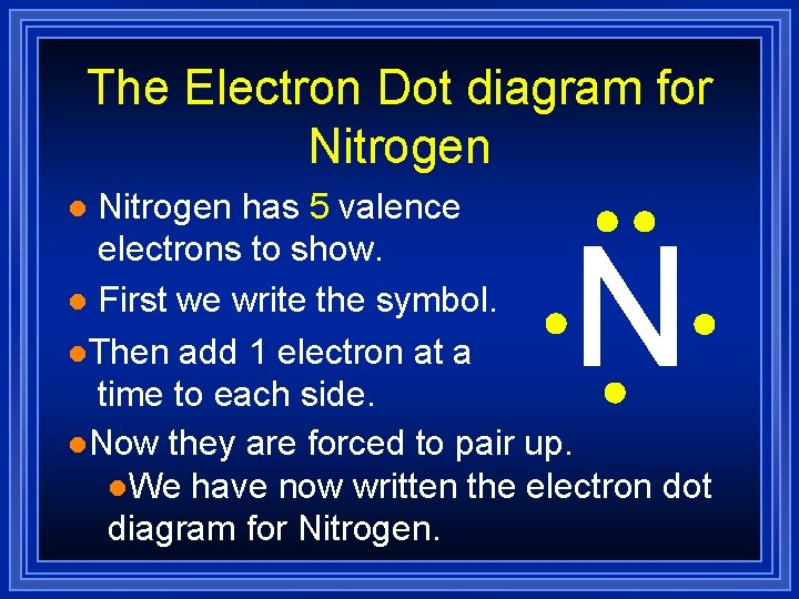 The Electron Dot diagram for Nitrogen has 5 valence electrons to show. l First The Electron Dot diagram for Nitrogen has 5 valence electrons to show. l First