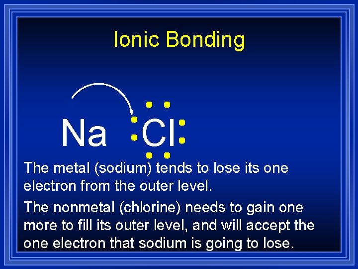 Ionic Bonding Na Cl The metal (sodium) tends to lose its one electron from Ionic Bonding Na Cl The metal (sodium) tends to lose its one electron from