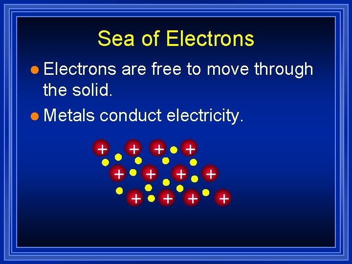 Sea of Electrons l Electrons are free to move through the solid. l Metals Sea of Electrons l Electrons are free to move through the solid. l Metals