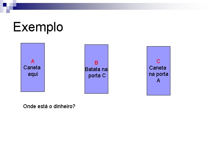Exemplo A Caneta aqui Onde está o dinheiro? B Batata na porta C C