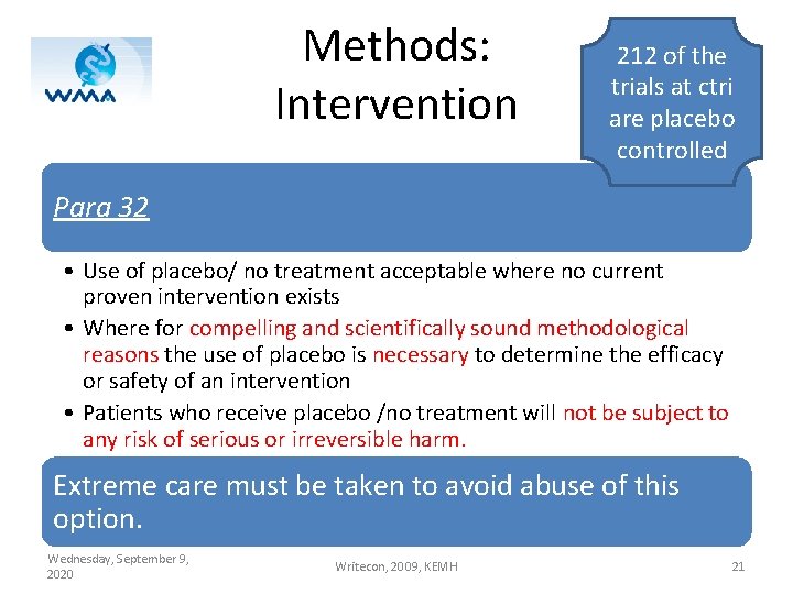 Methods: Intervention 212 of the trials at ctri are placebo controlled Para 32 •