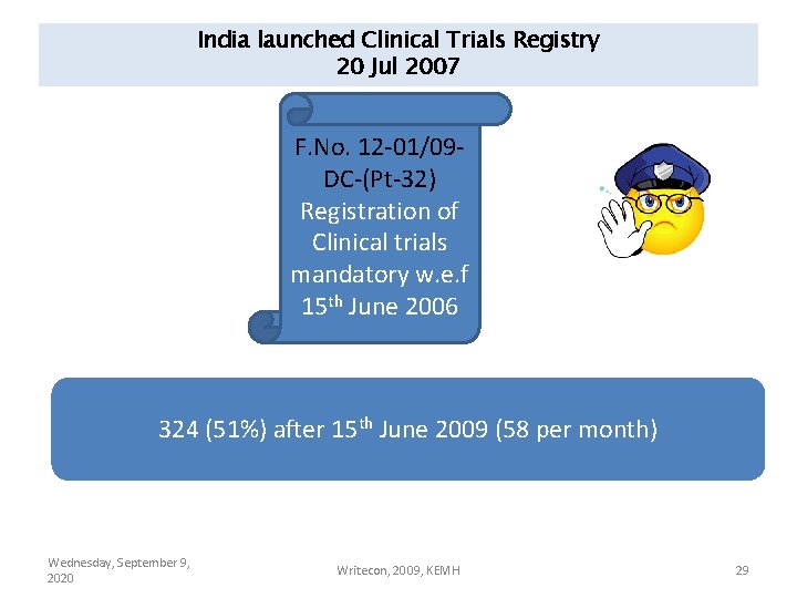 India launched Clinical Trials Registry 20 Jul 2007 F. No. 12 -01/09 DC-(Pt-32) Registration