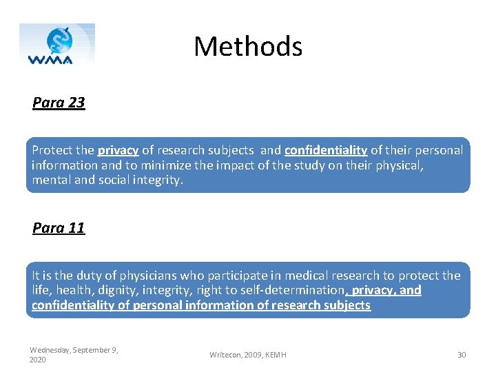 Methods Para 23 Protect the privacy of research subjects and confidentiality of their personal