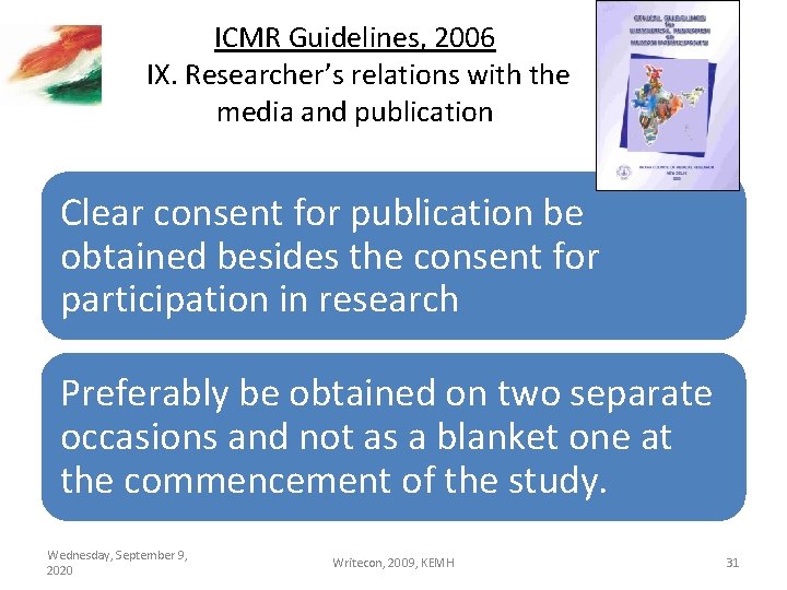 ICMR Guidelines, 2006 IX. Researcher’s relations with the media and publication Clear consent for