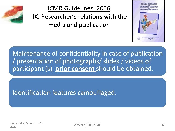 ICMR Guidelines, 2006 IX. Researcher’s relations with the media and publication Maintenance of confidentiality