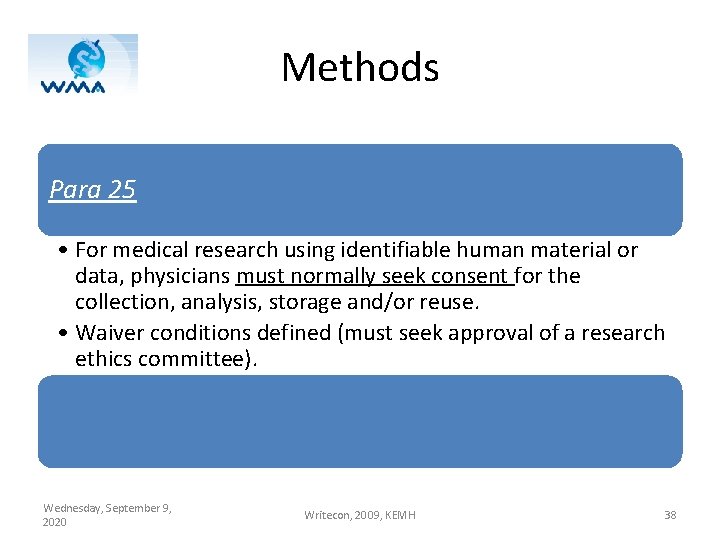 Methods Para 25 • For medical research using identifiable human material or data, physicians