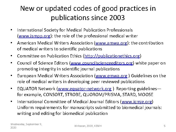 New or updated codes of good practices in publications since 2003 • International Society