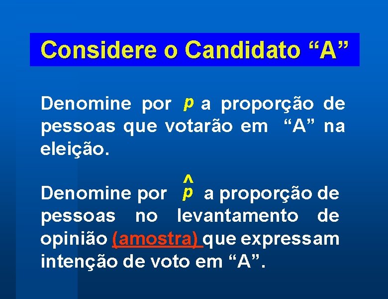 Considere o Candidato “A” Denomine por p a proporção de pessoas que votarão em
