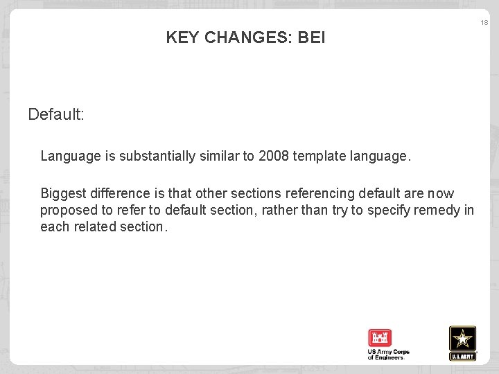 18 KEY CHANGES: BEI Default: Language is substantially similar to 2008 template language. Biggest