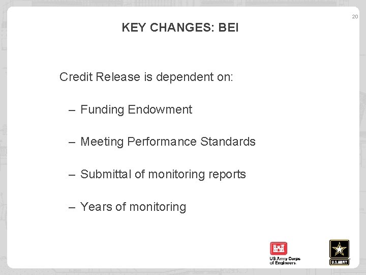 20 KEY CHANGES: BEI Credit Release is dependent on: – Funding Endowment – Meeting