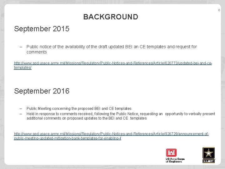 6 BACKGROUND September 2015 – Public notice of the availability of the draft updated