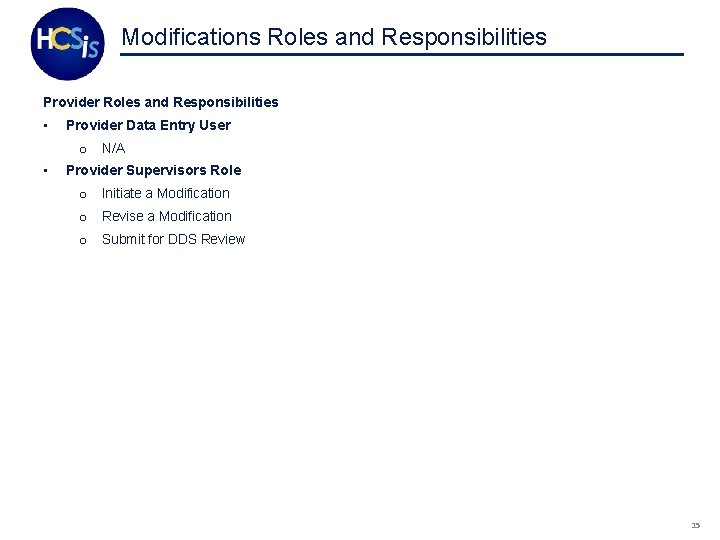 Modifications Roles and Responsibilities Provider Roles and Responsibilities • Provider Data Entry User o