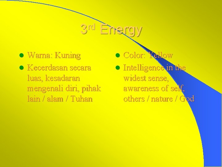 3 rd Energy Warna: Kuning l Kecerdasan secara luas, kesadaran mengenali diri, pihak lain 3 rd Energy Warna: Kuning l Kecerdasan secara luas, kesadaran mengenali diri, pihak lain