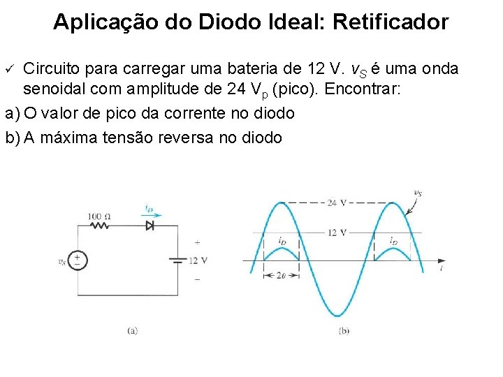 Aplicação do Diodo Ideal: Retificador Circuito para carregar uma bateria de 12 V. v.