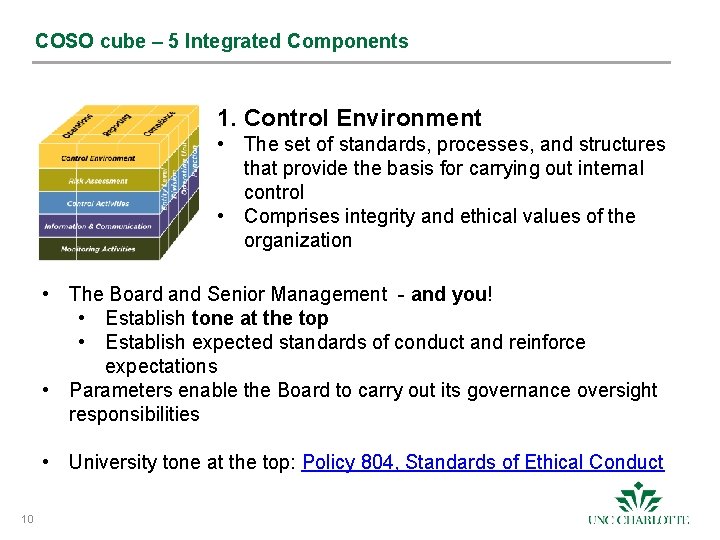 COSO cube – 5 Integrated Components 1. Control Environment • The set of standards,