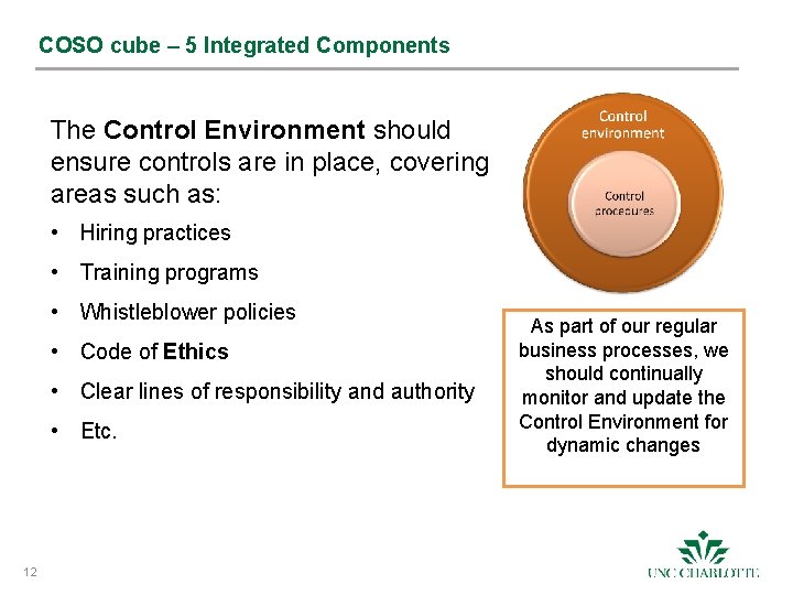 COSO cube – 5 Integrated Components The Control Environment should ensure controls are in