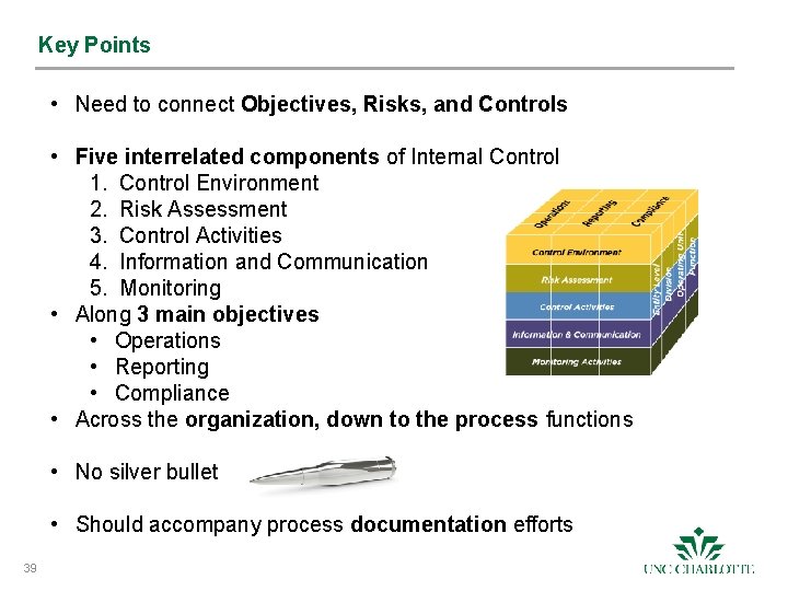 Key Points • Need to connect Objectives, Risks, and Controls • Five interrelated components