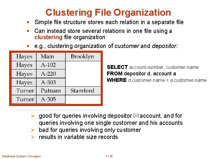 Clustering File Organization § Simple file structure stores each relation in a separate file