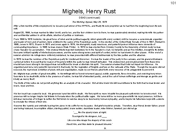 101 Mighels, Henry Rust DEAD (continued) The Morning Appeal, May 29, 1879 After a