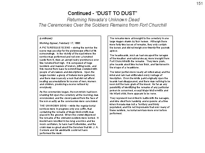 151 Continued - “DUST TO DUST” Returning Nevada’s Unknown Dead The Ceremonies Over the