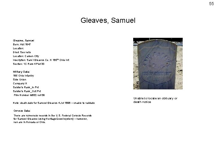 55 Gleaves, Samuel Born: Abt 1847 Location: Died: See note Location: Carson City Inscription: