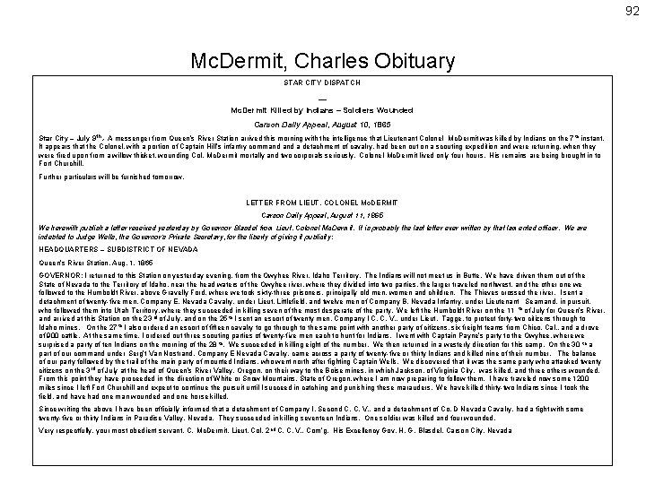 92 Mc. Dermit, Charles Obituary STAR CITY DISPATCH __ Mc. Dermit Killed by Indians