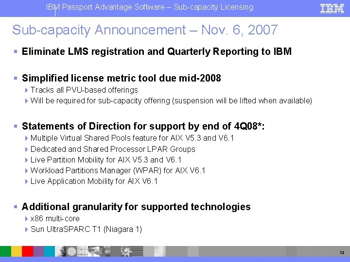 IBM Passport Advantage Software – Sub-capacity Licensing Sub-capacity Announcement – Nov. 6, 2007 §