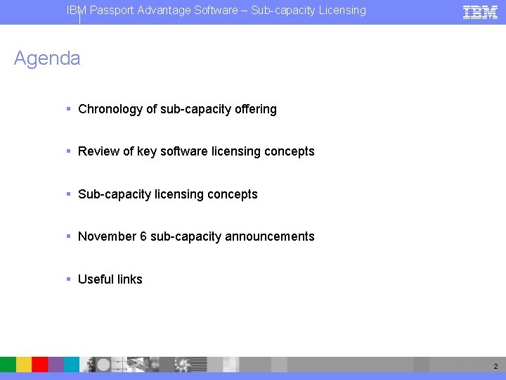 IBM Passport Advantage Software – Sub-capacity Licensing Agenda § Chronology of sub-capacity offering §