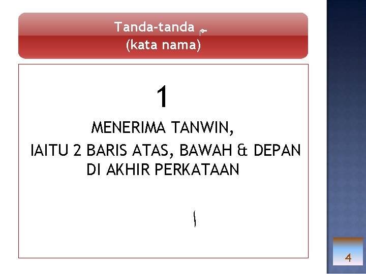 Tanda-tanda ـﻢ (kata nama) 1 MENERIMA TANWIN, IAITU 2 BARIS ATAS, BAWAH & DEPAN