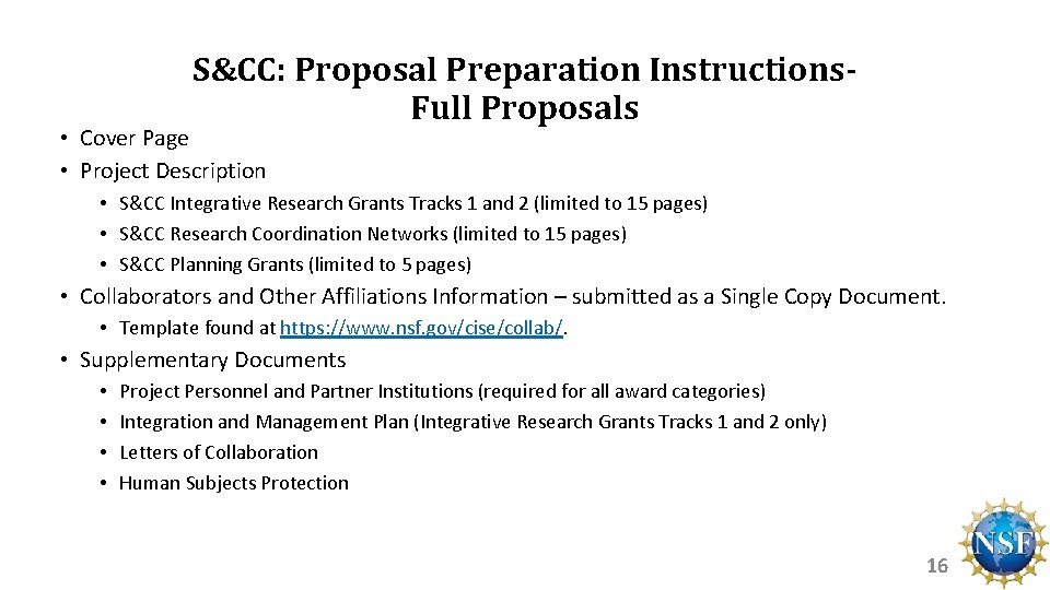 S&CC: Proposal Preparation Instructions. Full Proposals • Cover Page • Project Description • S&CC