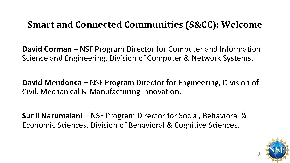 Smart and Connected Communities (S&CC): Welcome David Corman – NSF Program Director for Computer