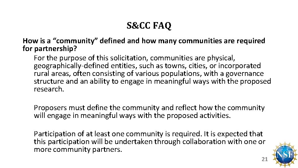 S&CC FAQ How is a “community” defined and how many communities are required for