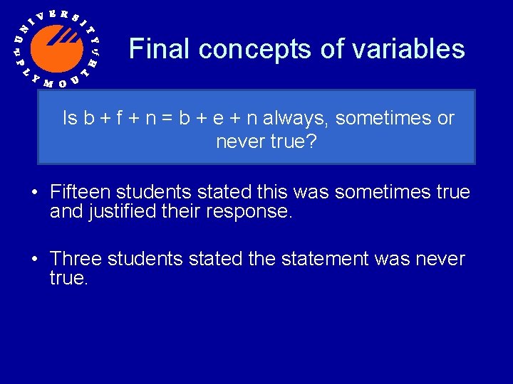 Final concepts of variables Is b + f + n = b + e