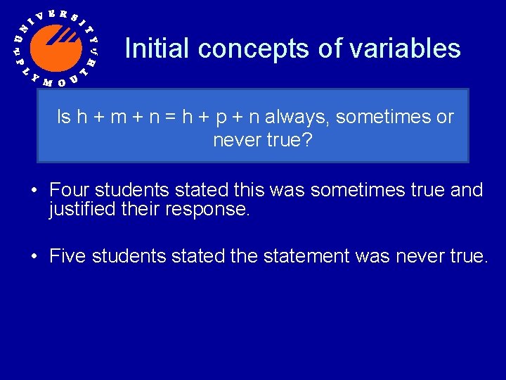 Initial concepts of variables Is h + m + n = h + p