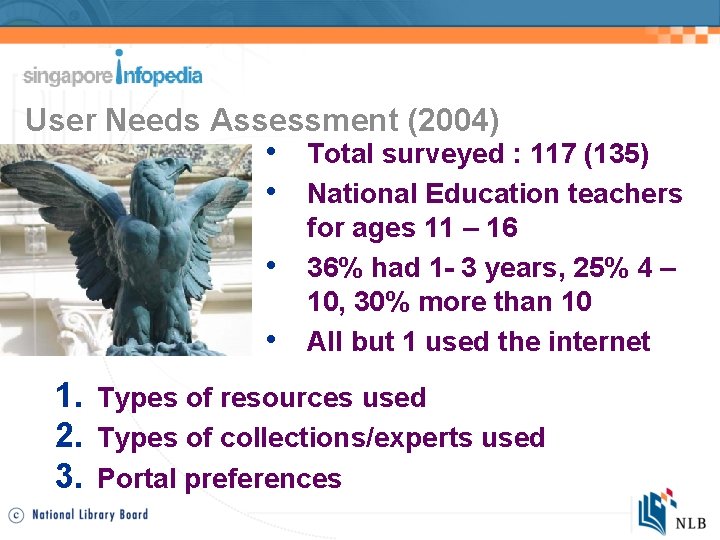 User Needs Assessment (2004) • Total surveyed : 117 (135) • National Education teachers