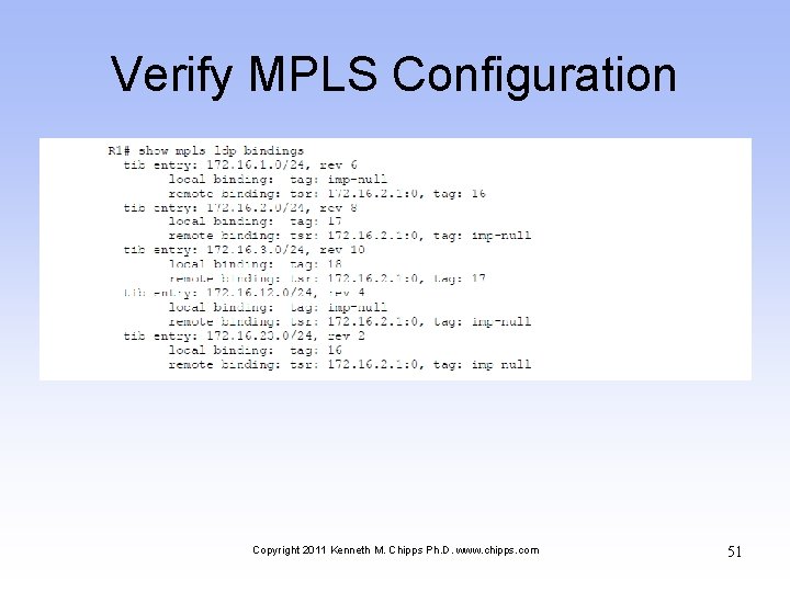 Verify MPLS Configuration Copyright 2011 Kenneth M. Chipps Ph. D. www. chipps. com 51