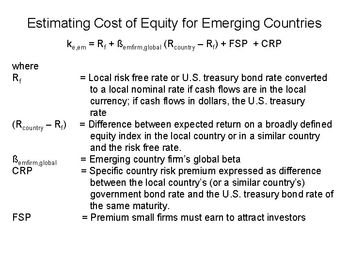 Estimating Cost of Equity for Emerging Countries ke, em = Rf + ßemfirm, global
