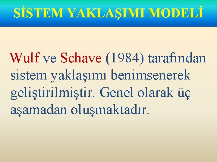 SİSTEM MODELİ SİSTEMYAKLAŞIMI MODELİ Arial Wulf ve Schave (1984) tarafından sistem yaklaşımı benimsenerek geliştirilmiştir.
